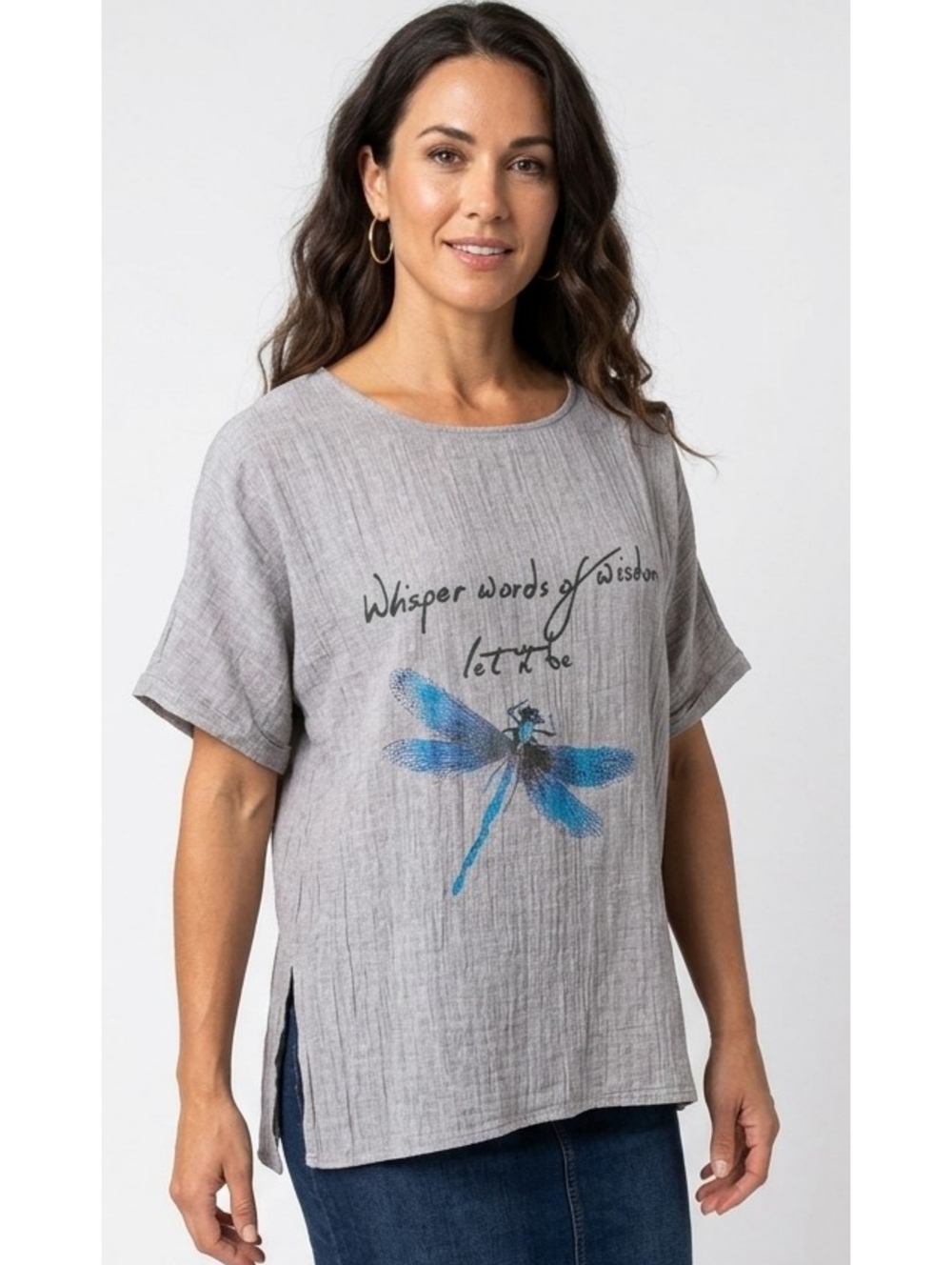 Woman's Gray Gauze Tunic Blouse Featuring a Dragonfly Graphic and Beatles Lyrics